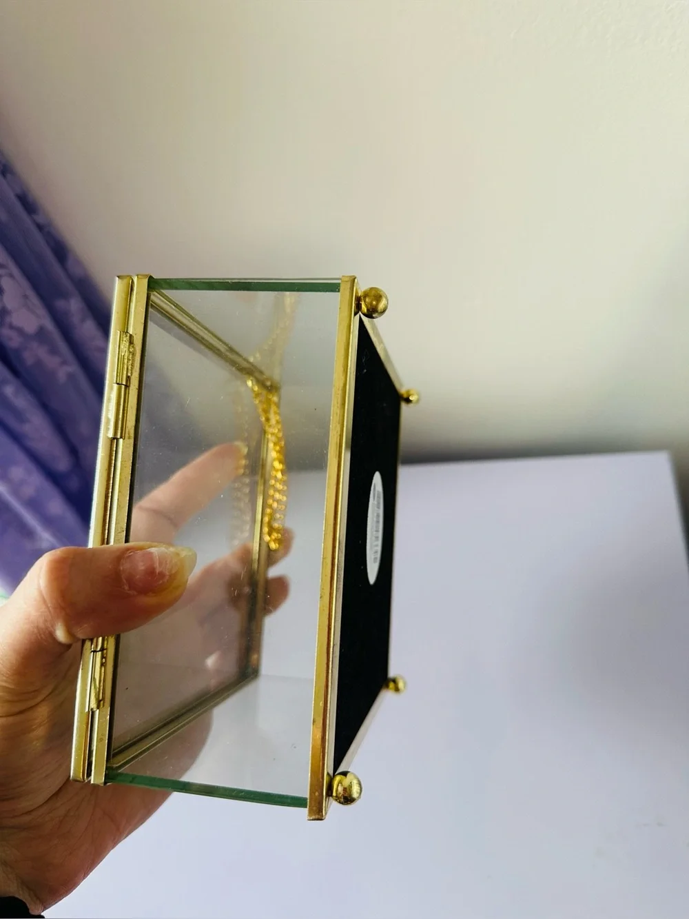 Glass Jewelry Box - Gold Frame with Polka Dot Base